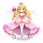  1girl blonde_hair breasts cleavage commentary_request crownette dress flower full_body highres jewelry looking_at_viewer marchen_noir super_mario_bros. necklace new_super_mario_bros._u_deluxe nintendo personification pink_eyes simple_background solo staff super_crown thigh-highs white_background 