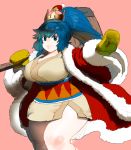  1girl adapted_costume bangs blue_eyes blue_hair breasts brown_dress brown_gloves cleavage coat curvy dress eyebrows_visible_through_hair eyeshadow fur_trim gloves hair_between_eyes hammer hat hips huge_breasts king_dedede kirby kirby_(series) knee_up leather leather_gloves legs long_hair long_ponytail long_sleeves makeup super_mario_bros. new_super_mario_bros._u_deluxe nintendo open_hand outstretched_arm over_shoulder oversized_object parted_lips pink_background pink_lips plump red_coat santa_hat sash scowl shiny shiny_hair shiny_skin side_slit sidelocks simple_background solo stomach strapless strapless_dress super_crown tetuhei thick_lips thick_thighs thighs tsurime wide_hips wide_sleeves 