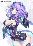  1girl artist_name bangs black_bodysuit blush bodysuit braid breasts choujigen_game_neptune cleavage commentary_request covered_navel eyebrows_visible_through_hair hair_between_eyes hair_ornament hand_up hong_(white_spider) large_breasts leaning_forward long_hair looking_at_viewer low_twintails neptune_(series) parted_lips power_symbol purple_hair purple_heart signature simple_background solo symbol-shaped_pupils twin_braids twintails very_long_hair white_background zoom_layer 