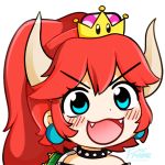  &gt;:d 1girl blue_eyes blush bowsette collar commentary earrings eyelashes fangs fream gyate_gyate horns jewelry long_hair super_mario_bros. meme new_super_mario_bros._u_deluxe nintendo open_mouth ponytail redhead simple_background solo spiked_armlet spiked_collar spikes super_crown transparent_background turtle_shell watermark 