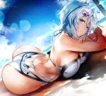  1girl alternate_costume antenna_hair ass bangs bare_shoulders beach bikini blue_eyes blue_sky blush breasts butt_crack clouds crossed_arms curvy day dennou_shoujo_youtuber_shiro eyebrows_visible_through_hair hair_between_eyes hair_ornament highres hips huge_ass large_breasts light_smile looking_at_viewer lying nishiide_kengorou ocean on_stomach outdoors sand shiro_(dennou_shoujo_youtuber_shiro) short_hair sidelocks silver_hair sky smile solo sunlight swimsuit virtual_youtuber wide_hips 