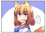  1girl 4koma animal_ears blonde_hair blue_eyes blush comic eyebrows_visible_through_hair eyes_visible_through_hair fang firefox fox_ears fox_tail gradient_hair highres hinghoi looking_at_viewer medium_hair multicolored_hair open_mouth orange_hair os-tan personification sailor_collar solo sweatdrop tail thought_bubble upper_body 