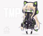  1girl animal_ears artist_name bangs black_footwear black_jacket blonde_hair bow capriccio cat_ear_headphones cat_ears cat_tail character_name chibi commentary covered_mouth dated fake_animal_ears girls_frontline green_bow green_eyes grey_background gun hair_between_eyes headphones holding holding_gun holding_weapon jacket long_hair object_namesake signature solo standing steyr_tmp submachine_gun tail tail_bow tmp_(girls_frontline) very_long_hair weapon 