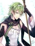  1boy black_gloves black_scarf closed_mouth commentary_request david_(fate/grand_order) eyebrows_visible_through_hair fate/grand_order fate_(series) gloves green_eyes green_hair hair_ornament hairband holding holding_staff long_hair looking_at_viewer male_focus open_eyes scarf signature smile solo staff tiara yuuzuki_lily 