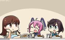  3girls ^_^ ^o^ ahoge apron aqua_bow aqua_neckwear blue_apron blue_sailor_collar bow bowtie brown_eyes brown_hair closed_eyes closed_eyes commentary_request curry curry_rice dated eating eyebrows_visible_through_hair food green_eyes hamu_koutarou headgear highres holding holding_spoon kantai_collection kitakami_(kantai_collection) long_hair long_sleeves multicolored_hair multiple_girls nenohi_(kantai_collection) okinami_(kantai_collection) ooi_(kantai_collection) open_mouth pink_hair rice sailor_collar school_uniform serafuku short_hair short_sleeves smile spoon white_sailor_collar 