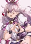  1girl ;d breasts dress fang granblue_fantasy hair_between_eyes hair_ornament heart heart_hands highres jewelry looking_at_viewer maou_(maoudaisukiya) medusa_(shingeki_no_bahamut) monster_girl necklace one_eye_closed open_mouth pointy_ears purple_hair shingeki_no_bahamut small_breasts smile snake snake_hair 