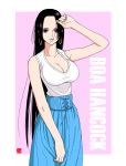  1girl black_hair blue_eyes blue_nails blue_skirt boa_hancock breasts character_name chris_re5 cleavage earrings high-waist_skirt highres hoop_earrings jewelry large_breasts lips long_hair looking_at_viewer nail_polish one_piece parted_lips skirt solo very_long_hair 