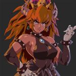  1girl anger_vein angryangryd armpits bare_shoulders black_dress blonde_hair blue_eyes bowsette bracelet breasts collar collarbone commentary covered_navel dress earrings elbow_gloves english_commentary expressive_clothes eyebrows_visible_through_hair fang gloves hand_on_hip horns jewelry large_breasts lips long_hair super_mario_bros. new_super_mario_bros._u_deluxe nintendo parted_lips pointing pointy_ears sideboob sleeveless sleeveless_dress solo spiked_armlet spiked_bracelet spiked_collar spiked_knuckles spikes super_crown thick_eyebrows toned upper_body 