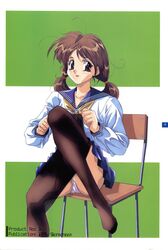  1994 90s absurdres blue_skirt brown_eyes brown_hair chair dated hair_strand highres leg_up long_sleeves looking_at_viewer no_shoes original panties pantyhose pantyhose_pull pantyshot pleated_skirt school_uniform serafuku sitting skirt smile suzuki_gamma twintails underwear 