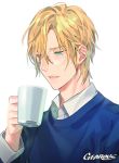  1boy artist_name ash_lynx banana_fish blonde_hair collared_shirt cup gearous glasses green_eyes male_focus mug parted_lips shirt upper_body 