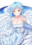  1girl blue_hair blue_skirt blue_sky blush breasts brown_eyes cleavage clouds cloudy_sky collarbone commentary_request day elbow_gloves feathered_wings frilled_gloves frilled_skirt frills gloves hand_up highres large_breasts layered_skirt looking_at_viewer moira_(nijisanji) mole mole_under_eye nijisanji parted_lips pinky_out red_string shirt skirt sky solo strapless string string_around_finger virtual_youtuber white_gloves white_shirt white_wings wings yuuri_nayuta 