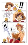  1girl 2boys ? black_hair blonde_hair breast_smother breasts brown_hair hair_over_one_eye hat highres k16416 super_mario_bros. monkey_d_luffy multiple_boys new_super_mario_bros._u_deluxe nintendo one_piece personification sanji scar straw_hat super_crown 