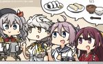  4girls aoba_(kantai_collection) apron blue_eyes breasts brown_eyes chopsticks cleavage commentary_request dated epaulettes food gloves hamu_koutarou hat highres japanese_clothes kamikaze_(kantai_collection) kantai_collection kashima_(kantai_collection) kimono large_breasts long_hair meiji_schoolgirl_uniform miso_soup multiple_girls neckerchief notepad onigiri open_mouth pencil pink_hair ponytail ribbon rice sandwich school_uniform serafuku shared_speech_bubble silver_hair smile speech_bubble sweat twintails unryuu_(kantai_collection) violet_eyes white_gloves writing yellow_eyes yellow_neckwear 
