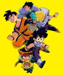  5boys :d age_progression amputee bitz777 black_eyes black_hair cape chinese_clothes clenched_hand dragon_ball dragon_ball_(object) dragonball_z earrings fighting_stance fingernails full_body hat jewelry looking_at_viewer male_focus multiple_boys multiple_persona open_mouth outstretched_hand profile scar serious short_hair shy simple_background sleeveless smile son_gohan spiky_hair standing super_saiyan tail walking wristband yellow_background 