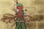  1girl against_wall blood braid brick_wall clenched_hand commentary_request from_behind hat hong_meiling knife knife_in_head long_hair orange_hair short_sleeves shounen_(hogehoge) skirt skirt_set solo touhou translated twin_braids very_long_hair vest writing_on_wall 