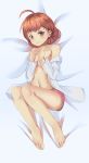 1girl ahoge bare_shoulders barefoot bed_sheet blush breasts brown_eyes brown_hair collarbone covering covering_breasts feet hands_up highres knees_together_feet_apart knees_up looking_at_viewer luoluokk lying navel off_shoulder on_back open_clothes open_shirt original pink_shorts see-through short_shorts shorts small_breasts solo 