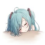  1girl ahoge akira_(been0328) bare_shoulders blue_hair blush closed_eyes face facing_viewer hair_ornament hatsune_miku head_rest long_hair parted_lips shirt simple_background sleeping sleeveless sleeveless_shirt solo table twintails vocaloid white_background white_shirt 