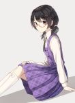  1girl black_hair breasts fumei_(mugendai) glasses grey_background hand_on_own_knee kneehighs long_sleeves looking_at_viewer neck_ribbon orange_eyes ribbon shirt short_hair short_twintails simple_background sitting skirt small_breasts smile solo touhou twintails usami_sumireko white_legwear 