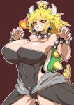  1girl bare_shoulders blonde_hair bowsette bracelet breasts brown_background cleavage clenched_teeth collar covered_navel crown earrings eyebrows eyebrows_visible_through_hair fire highres horns huge_breasts jewelry super_mario_bros. new_super_mario_bros._u_deluxe nintendo pandain pointy_ears red_eyes short_hair simple_background smile solo spiked_armlet spiked_bracelet spiked_collar spikes super_crown tail teeth v-shaped_eyebrows 