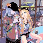  2girls abigail_williams_(fate/grand_order) backwards_hat bangs baseball_cap black_hat blonde_hair blue_eyes bow bracelet car fate/grand_order fate_(series) food forehead ground_vehicle hat hat_bow holding holding_food horn ice_cream jacket jewelry key_necklace kiriyama lavinia_whateley_(fate/grand_order) long_hair long_sleeves looking_at_another motor_vehicle multiple_girls necklace open_mouth orange_bow parted_bangs pink_eyes shirt silver_hair sitting skirt skull_print spread_legs star umbrella wavy_mouth wide-eyed window 