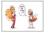 2girls 4koma animal_ears bangs black_border border bracelet breasts chinese_clothes cleavage cleavage_cutout closed_eyes comic english eyebrows_visible_through_hair firefox fox_ears fox_girl fox_tail full_body gradient_hair hair_between_eyes hand_on_hip high_heels highres hinghoi jewelry large_breasts laughing leg_warmers long_hair looking_at_another medium_hair multicolored_hair multiple_girls open_mouth orange_hair orange_skirt os-tan ponytail sailor_collar simple_background skirt smile squirrel_ears squirrel_girl squirrel_tail sweatdrop tail thigh-highs thought_bubble uc_browser white_background zettai_ryouiki 
