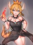  1girl bangs bare_legs bare_shoulders black_nails blonde_hair blue_eyes bowsette bracelet breasts collar commentary_request cowboy_shot crown dress earrings fire gradient gradient_background grey_background hair_between_eyes holding horns jewelry large_breasts super_mario_bros. nail_polish nintendo pointy_ears ponytail sidelocks spiked_armlet spiked_bracelet spiked_collar spiked_shell spiked_tail spikes strapless strapless_dress super_crown super_mario_bros. suterisu turtle_shell 