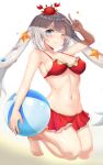  1girl arm_up ball bangs bare_arms bare_legs bare_shoulders barefoot beachball bikini bikini_skirt blue_eyes blush breasts chinese_commentary cleavage closed_mouth collarbone commentary_request crab crab_on_head fate/grand_order fate_(series) fingernails full_body grey_hair groin hair_between_eyes hair_ornament highres l.bou long_hair looking_at_viewer marie_antoinette_(fate/grand_order) marie_antoinette_(swimsuit_caster)_(fate) medium_breasts miniskirt navel one_eye_closed red_bikini red_skirt shade shell_hair_ornament shiny shiny_hair shiny_skin sidelocks skirt smile solo star star_hair_ornament starfish swimsuit traditional_media twintails v very_long_hair watercolor_(medium) white_background 
