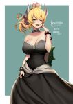  1girl absurdres artist_name bare_shoulders black_dress blonde_hair blue_eyes bowsette bracelet breasts character_name cleavage collar collarbone covered_navel dated dress earrings hand_on_own_cheek highres horns jewelry large_breasts super_mario_bros. new_super_mario_bros._u_deluxe nintendo open_mouth osuti pointy_ears ponytail sharp_teeth shell skirt_hold smile solo spiked_armlet spiked_bracelet spiked_collar spikes strapless strapless_dress super_crown teeth thick_eyebrows 