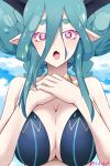  1girl :o blue_bikini_top blue_hair breasts cleavage commentary_request eyelashes fang fate/grand_order fate_(series) highres horns huge_breasts long_hair looking_at_viewer pointy_ears rdim6gr8 short_eyebrows solo symbol-shaped_pupils tiamat_(fate/grand_order) twitter_username violet_eyes 