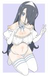  bikini black_hair blue_neckwear blue_ribbon breasts closed_mouth detached_collar donguri_suzume double_w elbow_gloves full_body gloves hair_over_one_eye hands_up head_tilt highres kneeling large_breasts legs_together long_hair looking_at_viewer navel neck_ribbon one_eye_covered original puffy_short_sleeves puffy_sleeves purple_background purple_bikini ribbon short_sleeves side-tie_bikini simple_background smile swimsuit thigh-highs triangular_headpiece very_long_hair violet_eyes w white_gloves white_legwear 