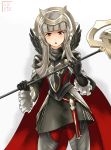  1girl armor black_armor black_gloves cape crown fire_emblem fire_emblem_heroes geazs gloves grey_hair hair_ornament highres holding holding_staff long_hair long_sleeves nintendo open_mouth red_eyes shoulder_armor simple_background solo staff veronica_(fire_emblem) white_background 