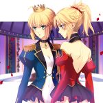  2girls ahoge artoria_pendragon_(all) back bare_shoulders black_skirt blonde_hair braid breasts collar collarbone commentary_request crown epaulettes eyebrows_visible_through_hair fate/grand_order fate_(series) flower french_braid green_eyes jewelry miniskirt mordred_(fate) mordred_(fate)_(all) multiple_girls okurabaakaa petals ponytail rose rose_petals saber short_hair skirt small_breasts 