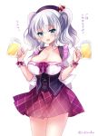  1girl alcohol beer beer_mug beret black_hat blue_eyes breasts cleavage commentary_request dirndl german_clothes hat ichiyou_moka kantai_collection kashima_(kantai_collection) large_breasts looking_at_viewer pleated_skirt purple_skirt sidelocks silver_hair simple_background skirt solo translated tsurime twintails waitress wavy_hair white_background wrist_cuffs 