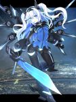  1girl absurdres armored_boots black_heart blue_eyes boots breasts eyebrows_visible_through_hair gauntlets hair_between_eyes headgear highres holding holding_weapon long_hair medium_breasts neptune_(series) next_black open_mouth ramu-on@_shinon shin_jigen_game_neptune_vii solo sword symbol-shaped_pupils visor weapon white_hair 