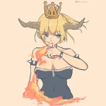  1girl blonde_hair blue_eyes bowsette bracelet breasts breathing_fire cleavage crown dress earrings fire genderswap genderswap_(mtf) horns jewelry kaz_suzuya large_breasts super_mario_bros. new_super_mario_bros._u_deluxe nintendo spiked_armlet spiked_bracelet spikes super_crown 