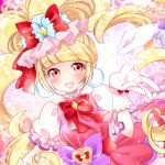  1girl :d aisaki_emiru blonde_hair bow bowtie cure_macherie dress earrings eyelashes frills gloves hair_bow hugtto!_precure jewelry kawanobe long_hair looking_at_viewer magical_girl no_nose open_mouth precure puffy_sleeves purple_bow red_bow red_dress red_eyes smile solo_focus twintails upper_body white_gloves 