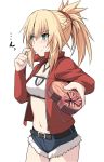  ... 1girl blonde_hair box braid breasts cleavage collarbone cutoff_jeans cutoffs denim denim_shorts fate/grand_order fate_(series) french_braid gift gift_box giving green_eyes hair_ornament hair_scrunchie heart-shaped_box jacket jewelry light_frown looking_away medium_hair midriff mordred_(fate) mordred_(fate)_(all) navel necklace open_clothes open_jacket ponytail red_jacket scrunchie shiseki_hirame short_shorts shorts small_breasts solo spike_hair sweatdrop valentine white_background 