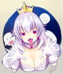  1girl azuma_yuki bangs blush boo breasts brooch cleavage commentary_request crown dress earrings eyebrows_visible_through_hair frilled_dress frilled_gloves frills ghost gloves hair_between_eyes jewelry large_breasts long_hair looking_at_viewer luigi&#039;s_mansion super_mario_bros. new_super_mario_bros._u_deluxe nintendo open_mouth princess_king_boo puffy_short_sleeves puffy_sleeves sharp_teeth short_sleeves super_crown teeth tongue tongue_out violet_eyes white_dress white_gloves 