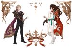  2boys blonde_hair brown_eyes brown_hair cape curly_hair european_clothes fajyobore323 fire_emblem fire_emblem_if formal long_hair looking_at_viewer marks_(fire_emblem_if) multiple_boys nintendo pauldrons red_eyes ryouma_(fire_emblem_if) smile spiky_hair suit sword weapon 