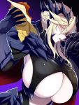  1girl artoria_pendragon_(all) artoria_pendragon_(lancer_alter) black_background blonde_hair breasts close-up eating erect_nipples fate/grand_order fate_(series) food gradient gradient_background hair_between_eyes hamburger highres holding holding_food huge_breasts kloah looking_at_viewer open_mouth pale_skin purple_background shiny shiny_clothes shiny_hair shiny_skin sidelocks slit_pupils solo tongue tongue_out under_boob underboob_cutout yellow_eyes 