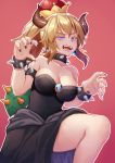  1girl bare_shoulders black_dress blonde_hair blue_eyes bowsette bracelet breasts claw_pose cleavage collar collarbone colored_eyelashes dress fingernails horns jewelry kibanda_gohan leg_up super_mario_bros. nail_polish new_super_mario_bros._u_deluxe nintendo outline ponytail red_background sharp_fingernails sharp_teeth simple_background spiked_armlet spiked_bracelet spiked_collar spiked_shell spikes strapless strapless_dress super_crown teeth 