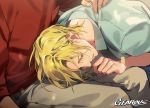  2boys artist_name ash_lynx banana_fish blonde_hair closed_eyes collared_shirt gearous lap_pillow lying male_focus multiple_boys okumura_eiji on_side out_of_frame shirt sitting solo_focus tears 