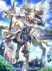  1girl armor bangs breastplate castle clouds cloudy_sky commentary_request company_name copyright_name cynthia_(fire_emblem) day dress fire_emblem fire_emblem:_kakusei fire_emblem_cipher full_body garter_straps gauntlets green_eyes grey_hair holding holding_weapon long_hair looking_at_viewer nagahama_megumi nintendo official_art open_mouth outdoors parted_bangs pegasus pegasus_knight polearm shiny shiny_hair short_dress short_twintails shoulder_armor shoulder_pads sidelocks sky sleeveless smile solo spear twintails weapon 