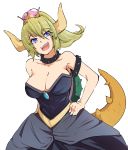  1girl :d bare_shoulders black_dress blonde_hair blue_eyes bowsette bracelet breasts cleavage collar crown dress fangs hand_on_hip head_tilt highres jewelry large_breasts lizard_tail looking_at_viewer super_mario_bros. nanostar new_super_mario_bros._u_deluxe nintendo open_mouth ponytail simple_background slit_pupils smile solo spiked_bracelet spiked_collar spikes standing super_crown tail white_background 