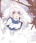  1girl apron bangs blue_dress blue_eyes boots branch dress eyebrows_visible_through_hair hair_between_eyes hat letty_whiterock long_sleeves looking_up open_mouth puffy_long_sleeves puffy_sleeves sasaki_sakiko shadow shirt short_hair silver_hair smile snow snowing solo standing touhou tree white_apron white_footwear white_headwear white_shirt white_sleeves winter 