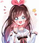  1girl a.i._channel bangs bow breasts brown_hair detached_sleeves eyebrows_visible_through_hair eyes_visible_through_hair hairband highres kizuna_ai lace-trimmed_sleeves long_hair looking_at_viewer multicolored_hair open_mouth pink_bow pink_hair pink_hairband pink_ribbon ribbon sailor_collar shirt sleeveless sleeveless_shirt smile solo star streaked_hair swept_bangs two-tone_hair upper_body virtual_youtuber white_background white_sailor_collar yalmyu 