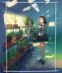  1girl bag blush brown_hair ddal long_hair necktie original plant ponytail red_eyes revision school_bag school_uniform skirt solo tomato 