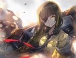  1girl backlighting bangs beige_shirt black_gloves black_jacket black_neckwear braid breasts brown_hair capura_lin closed_mouth commentary_request ear_protection eyebrows_visible_through_hair eyepatch girls_frontline gloves head_tilt highres holding jacket long_hair m16a1_(girls_frontline) medium_breasts necktie open_clothes open_jacket over_shoulder shirt single_braid smile solo very_long_hair yellow_eyes 