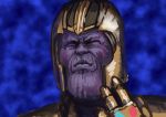  1boy absurdres avengers:_infinity_war blue_background chanta_(ayatakaoisii) closed_eyes closed_mouth hand_up helmet highres infinity_gauntlet male_focus portrait purple_skin sketch solo thanos 