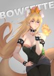  1girl absurdres armlet bare_shoulders black_dress black_nails blonde_hair blue_eyes bowsette bracelet breasts collar crown dress earrings fire hair_between_eyes highres horns jewelry large_breasts long_hair super_mario_bros. nail_polish nintendo njnywy pointy_ears ponytail sharp_teeth spiked_bracelet spiked_collar spiked_shell spiked_tail spikes strapless strapless_dress super_crown tail teeth title turtle_shell 